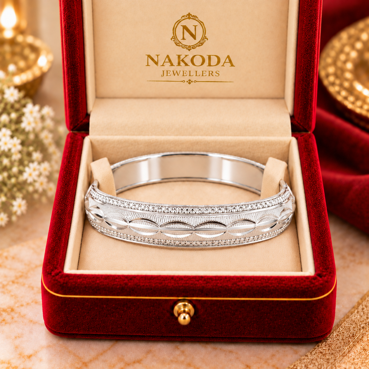 Nakoda Jewellers Classic Engraved Leaf-Motif Silver Men’s Kada - Image 6