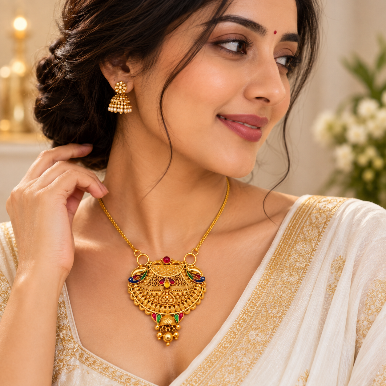 Nakoda Jewellers Peacock & Floral Multicolour Gold Pendant - Image 5