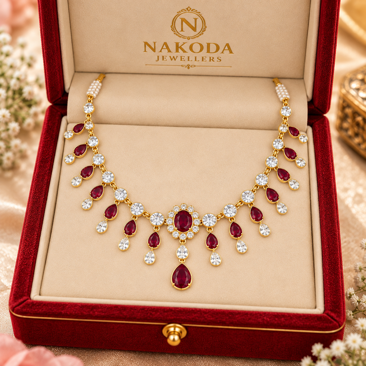 Nakoda Jewellers Maroon & Crystal Floral Necklace - Image 6