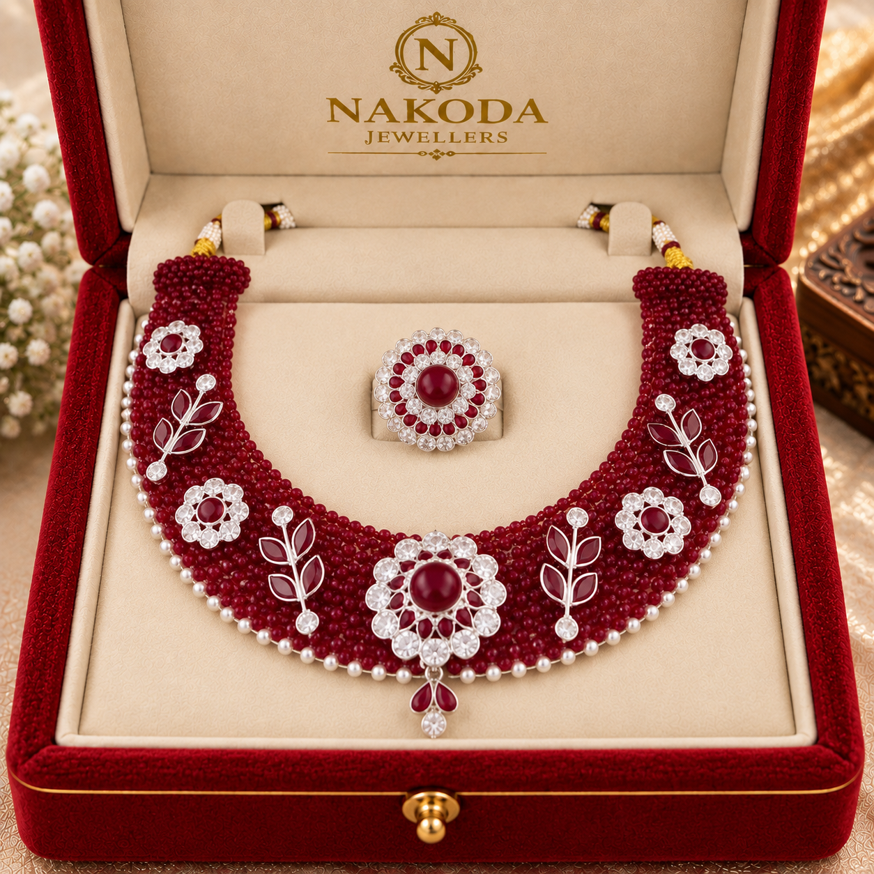Nakoda Jewellers Maroon Beaded Floral & Leaf Statement Necklace with Matching Finger Ring Set - Image 6