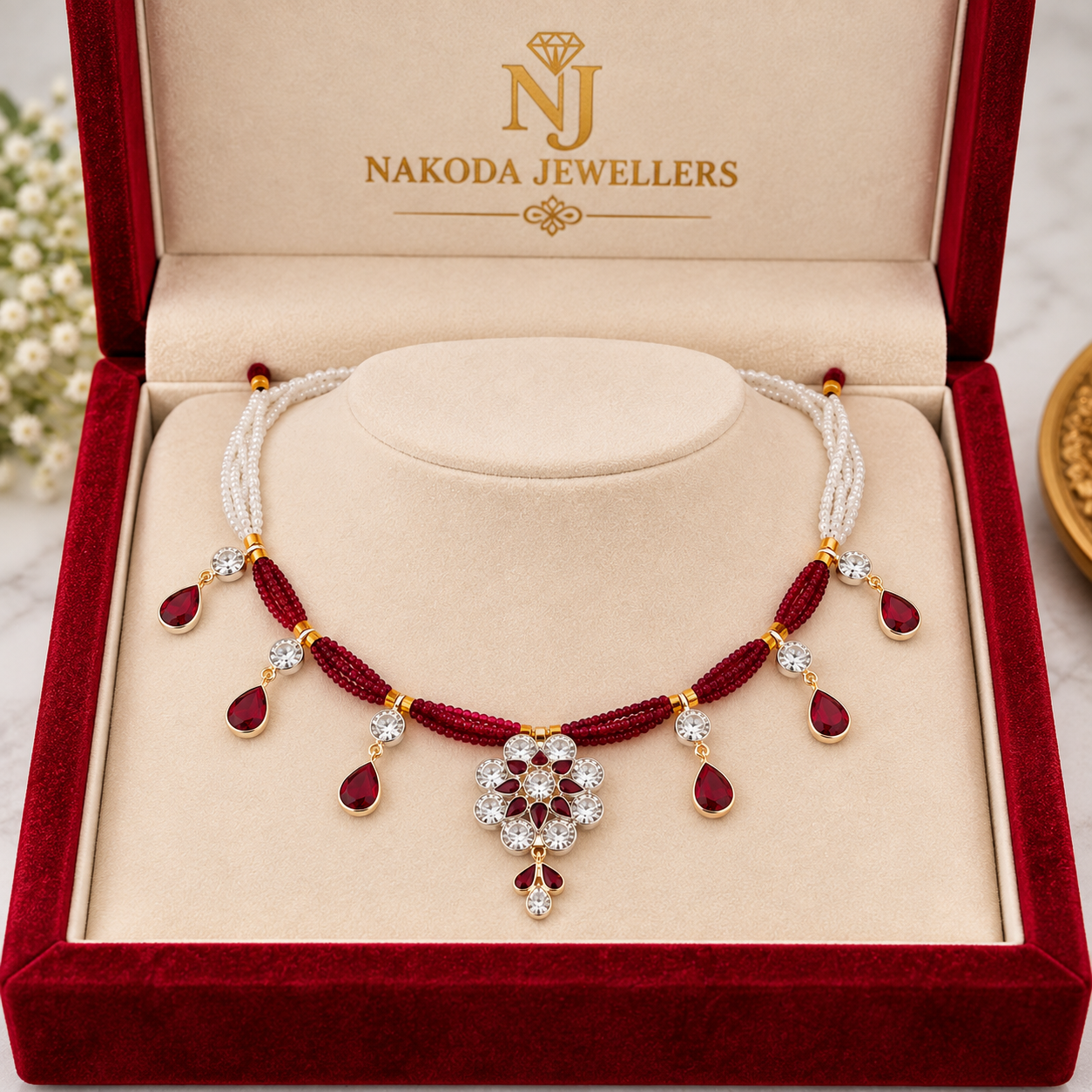 Nakoda Jewellers Maroon & White Beaded Floral Drop Necklace - Image 6