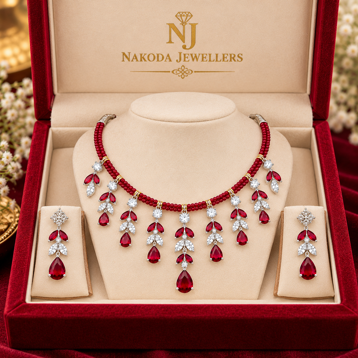 Nakoda Jewellers Elegant Red Beaded Leaf Drop Necklace Set with Stone Detailing - Image 6