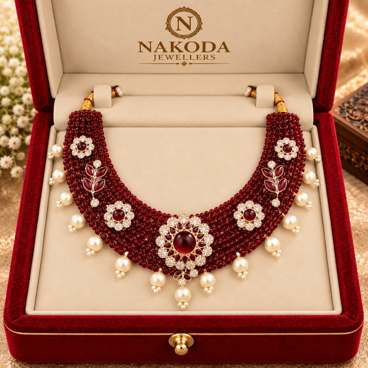 Nakoda Jewellers Royal Maroon Beaded Floral Necklace Set with Stone & Pearl Detailing - Image 6