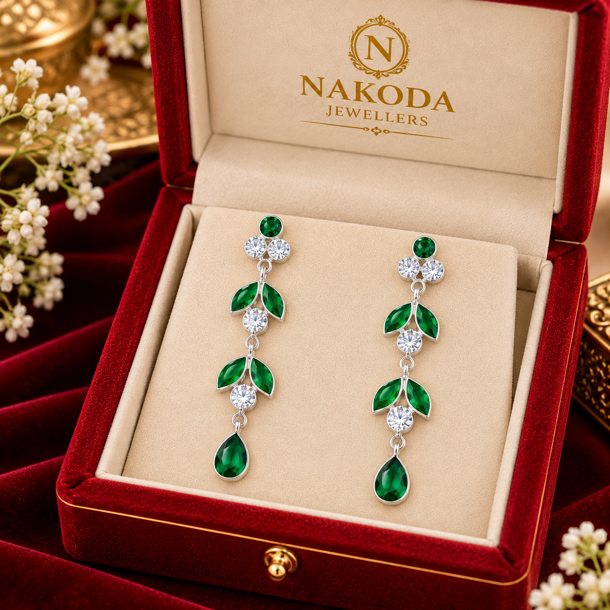 Nakoda Jewellers Elegant Green Leaf Drop Earrings with Stone Detailing - Image 7