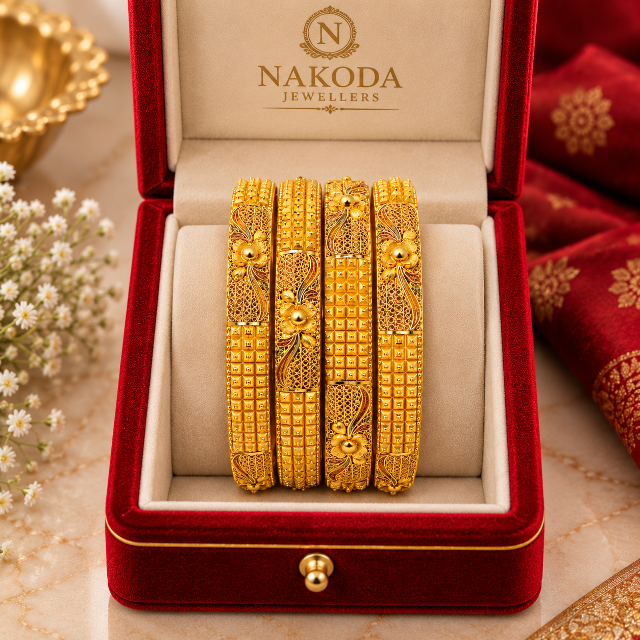 Nakoda Jewellers Traditional Floral Engraved Gold Bangles - Image 6