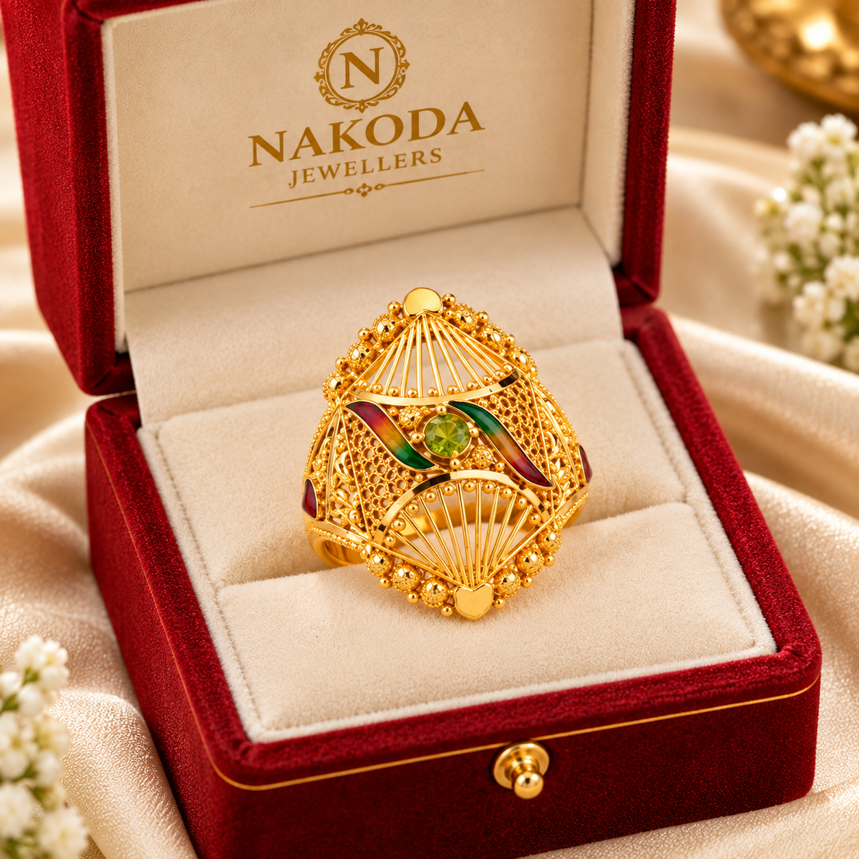 Nakoda Jewellers Traditional Floral Filigree Gold Ring with Red & Green Accents - Image 6