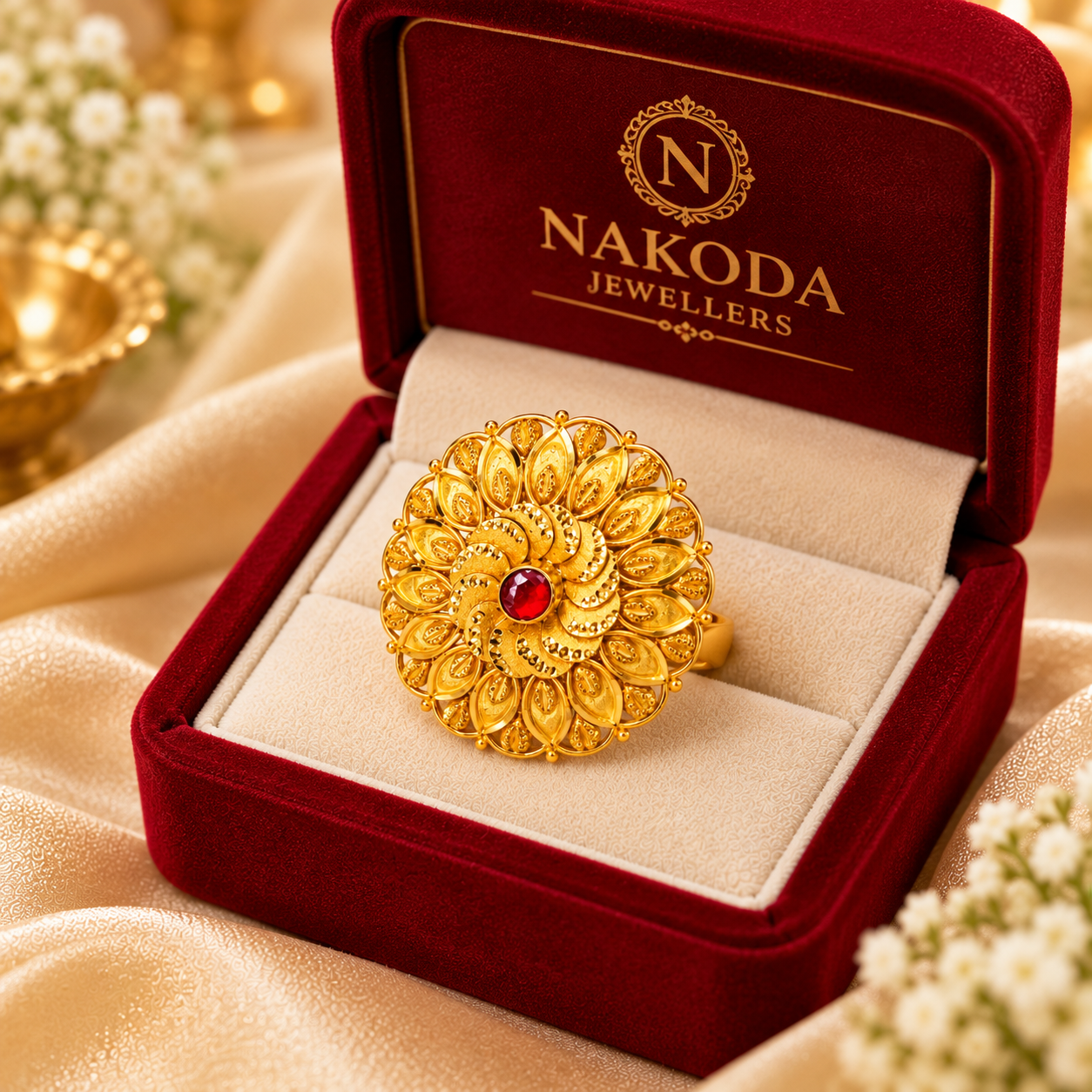 Nakoda Jewellers Traditional Floral Gold Ring with Red Stone Centre - Image 6