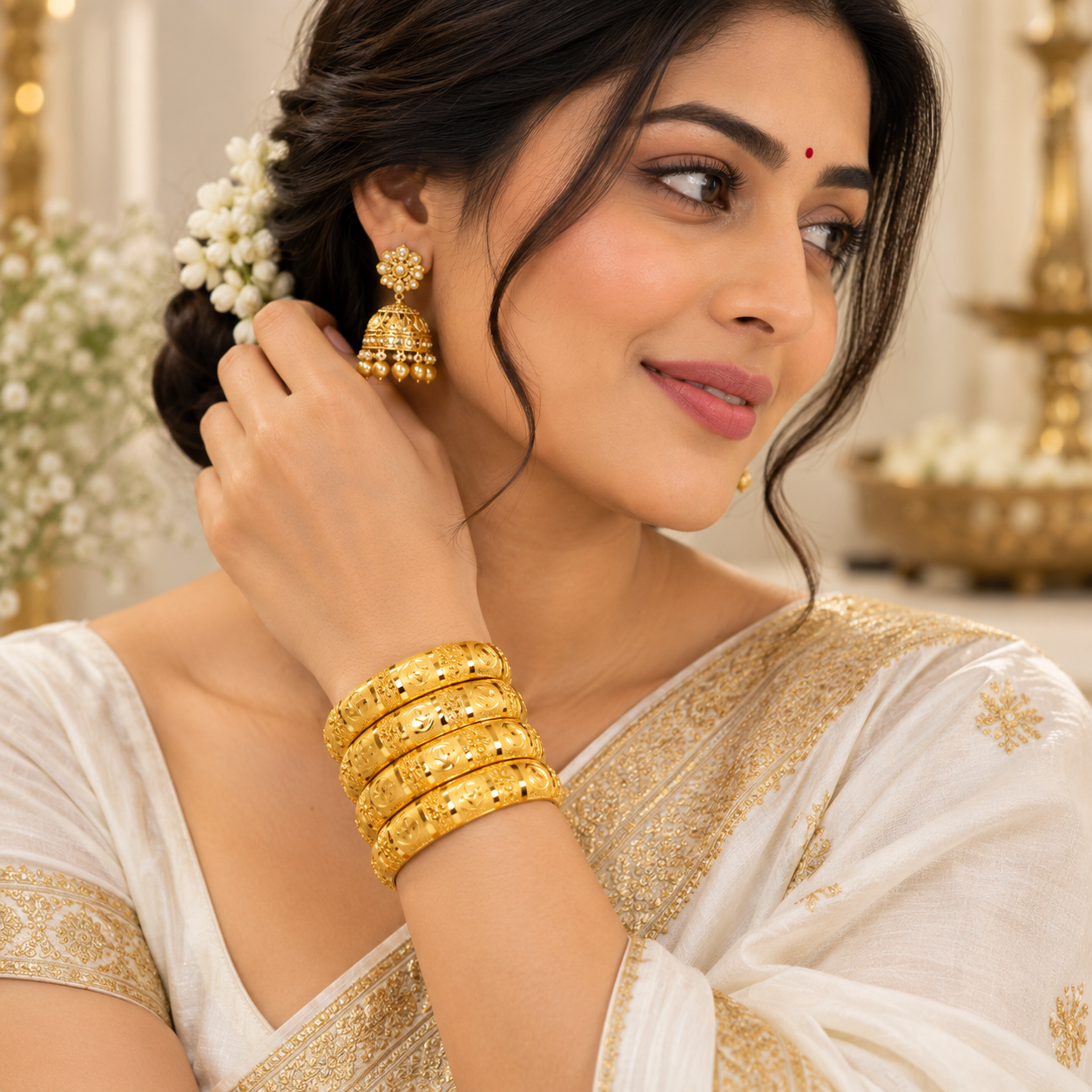 Nakoda Jewellers Floral Engraved Gold Bangles Set - Image 5