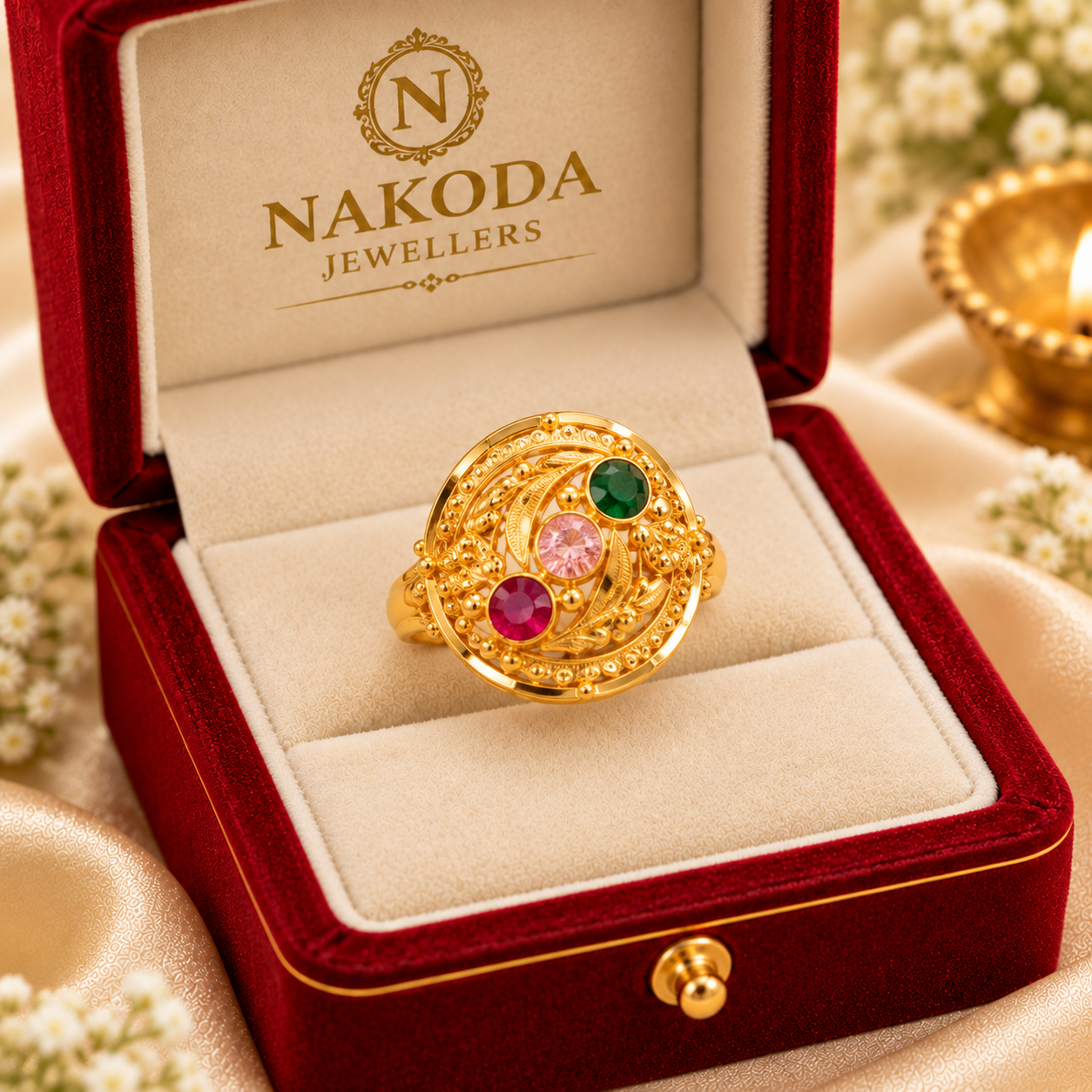 Nakoda Jewellers Traditional Circular Floral Gold Ring with Multicolour Stone Detailing - Image 6
