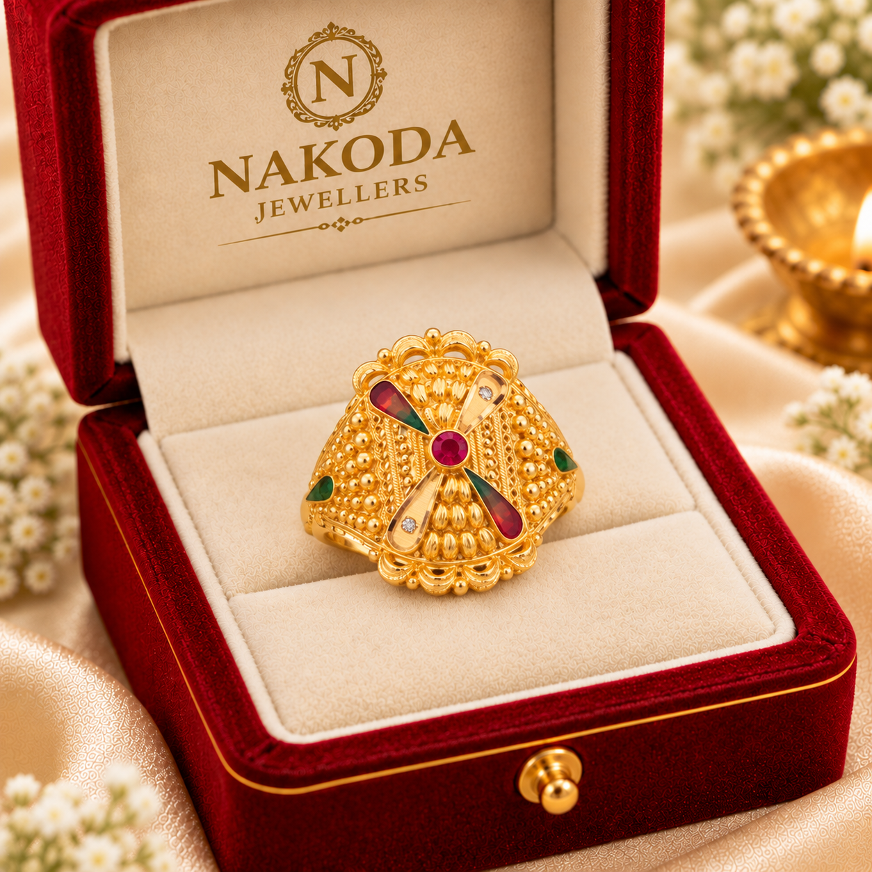 Nakoda Jewellers Traditional Floral Filigree Gold Ring with Multi-Coloured Centre & Multicolour Stones - Image 6