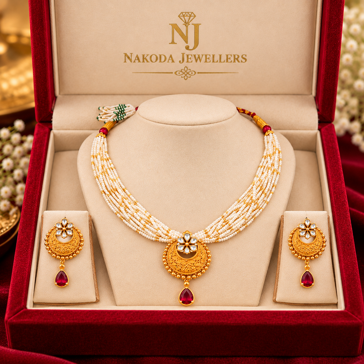 Nakoda Jewellers Traditional White Beaded Gold Pendant Necklace Set with Red Stone Detailing - Image 6