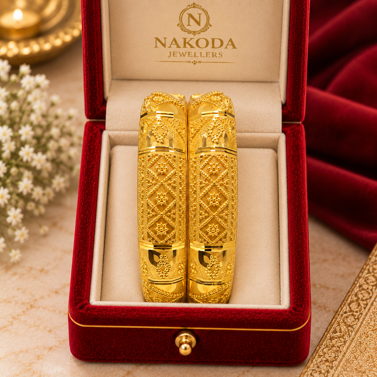 Nakoda Jewellers Intricate Floral Lattice Gold Bangles - Image 6