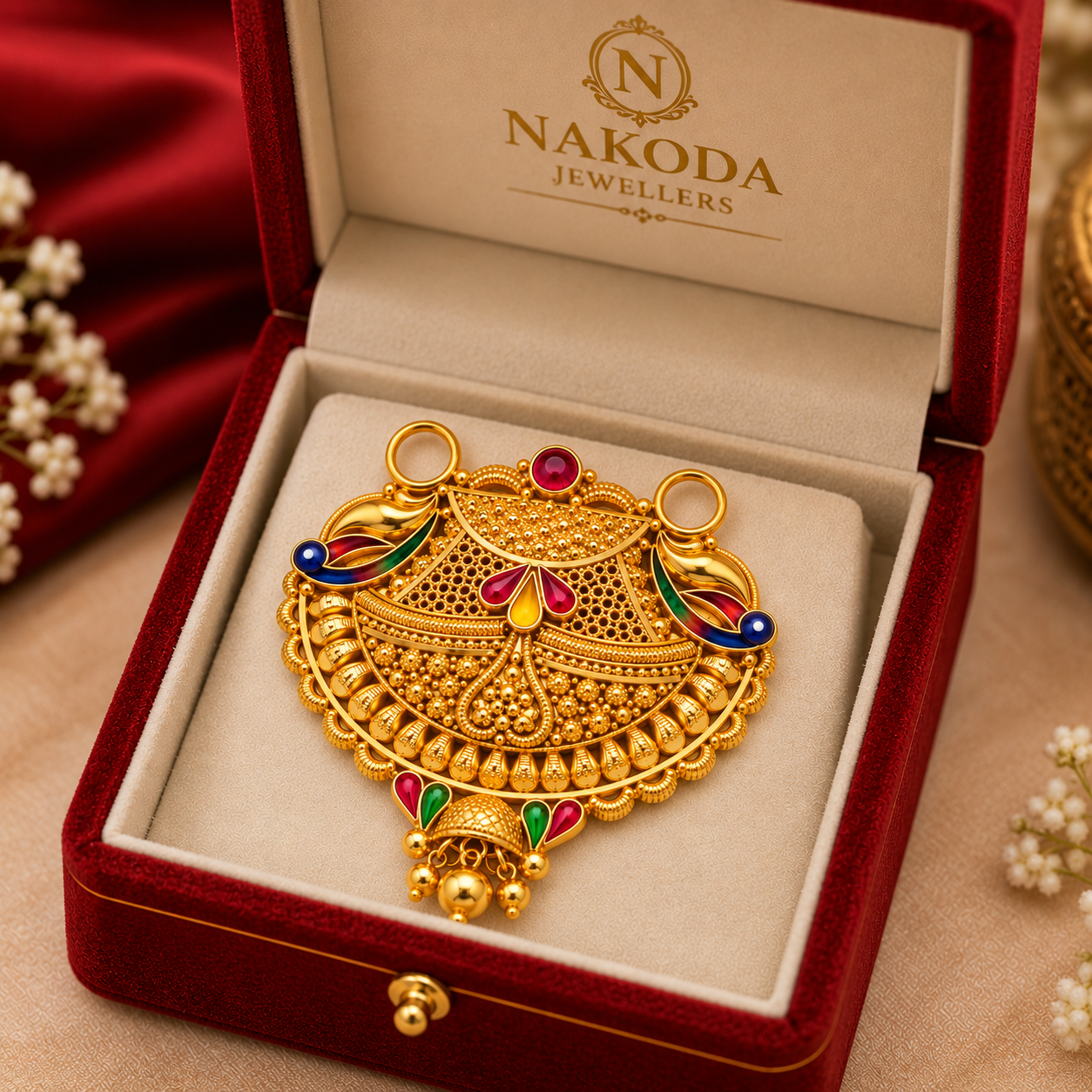 Nakoda Jewellers Peacock & Floral Multicolour Gold Pendant - Image 6