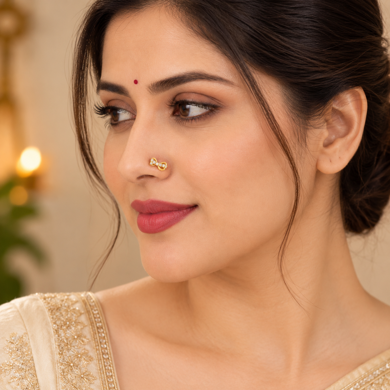 Nakoda Jewellers Diamond Bow-Motif Gold Nose Ring - Image 4