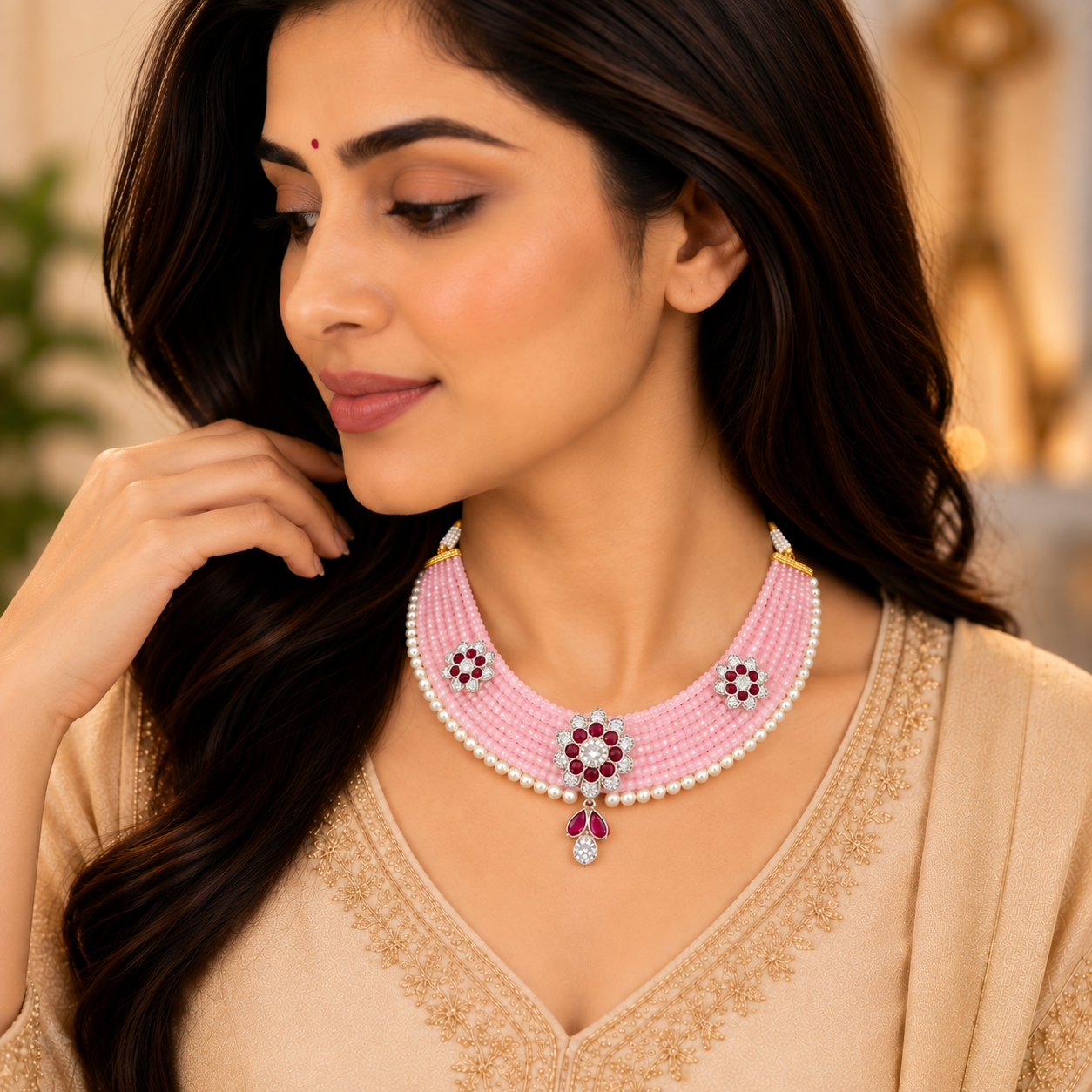 Nakoda Jewellers Pink Beaded Floral Necklace - Image 4