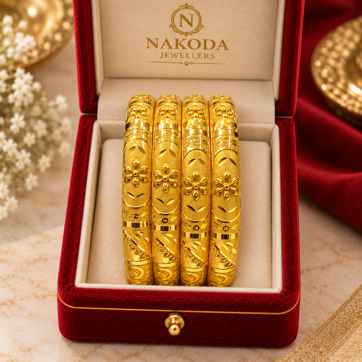 Nakoda Jewellers Floral Engraved Gold Bangles Set - Image 6