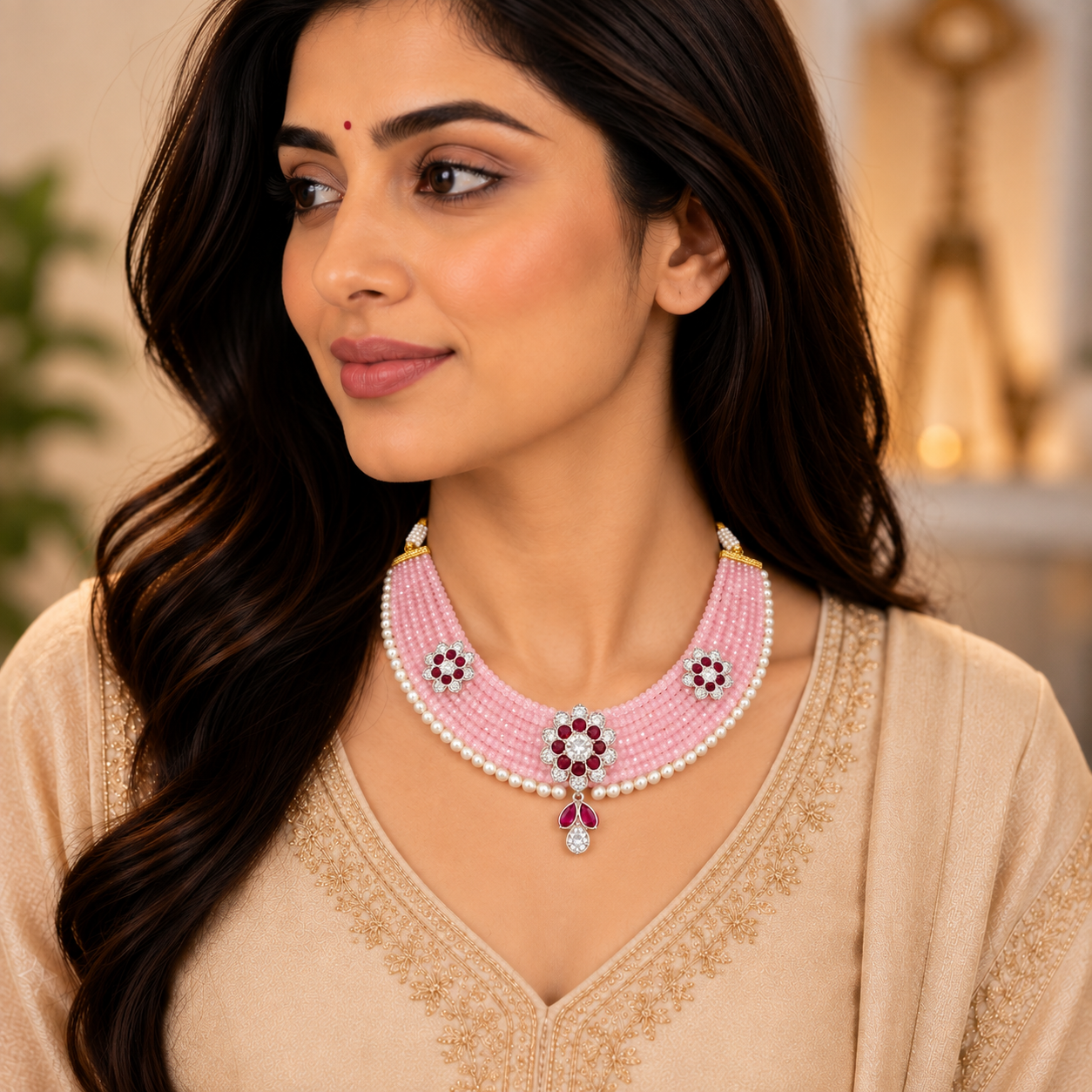 Nakoda Jewellers Pink Beaded Floral Necklace - Image 5