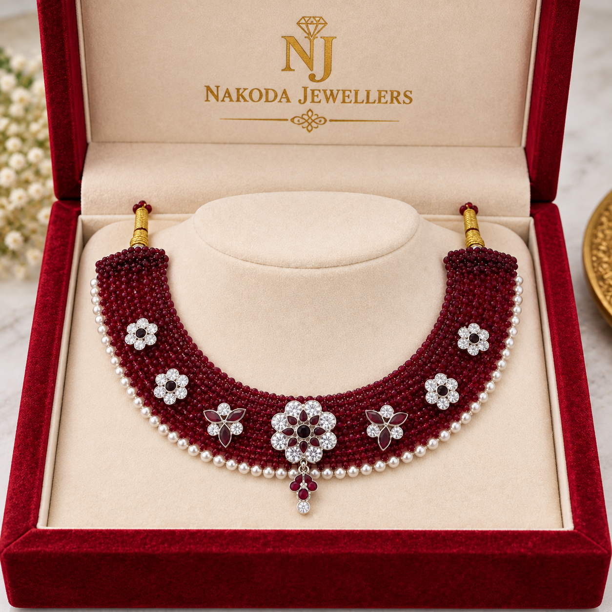 Nakoda Jewellers Maroon Beaded Floral & Leaf Statement Necklace - Image 6