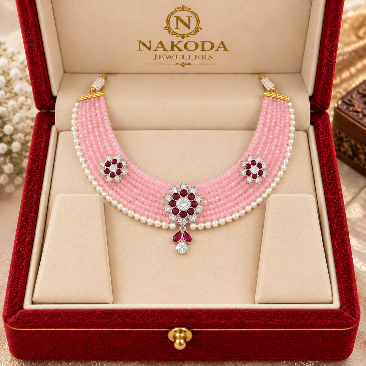 Nakoda Jewellers Pink Beaded Floral Necklace - Image 6