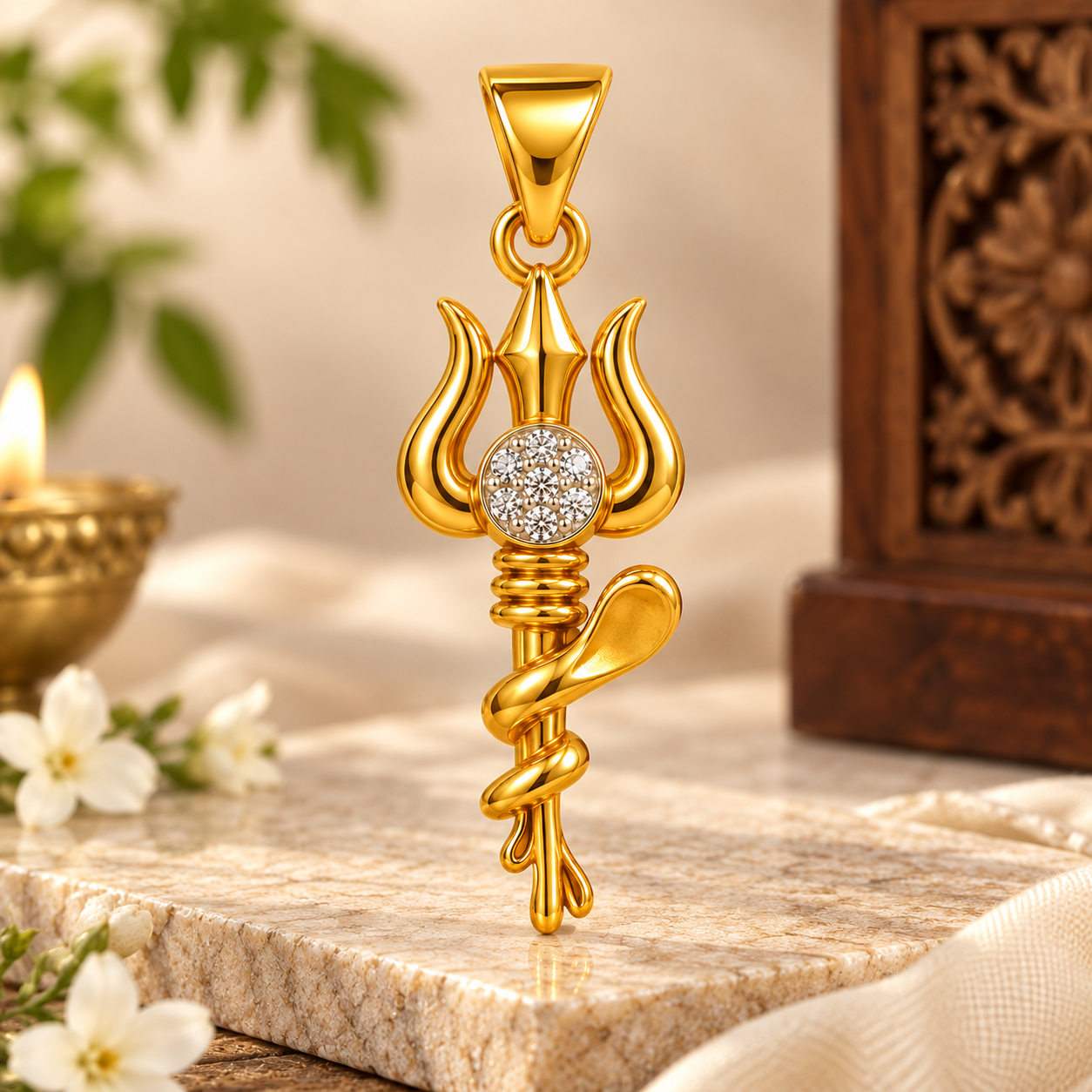 Nakoda Jewellers 18K Gold Trishul Locket with Diamond-Look Center - Image 2