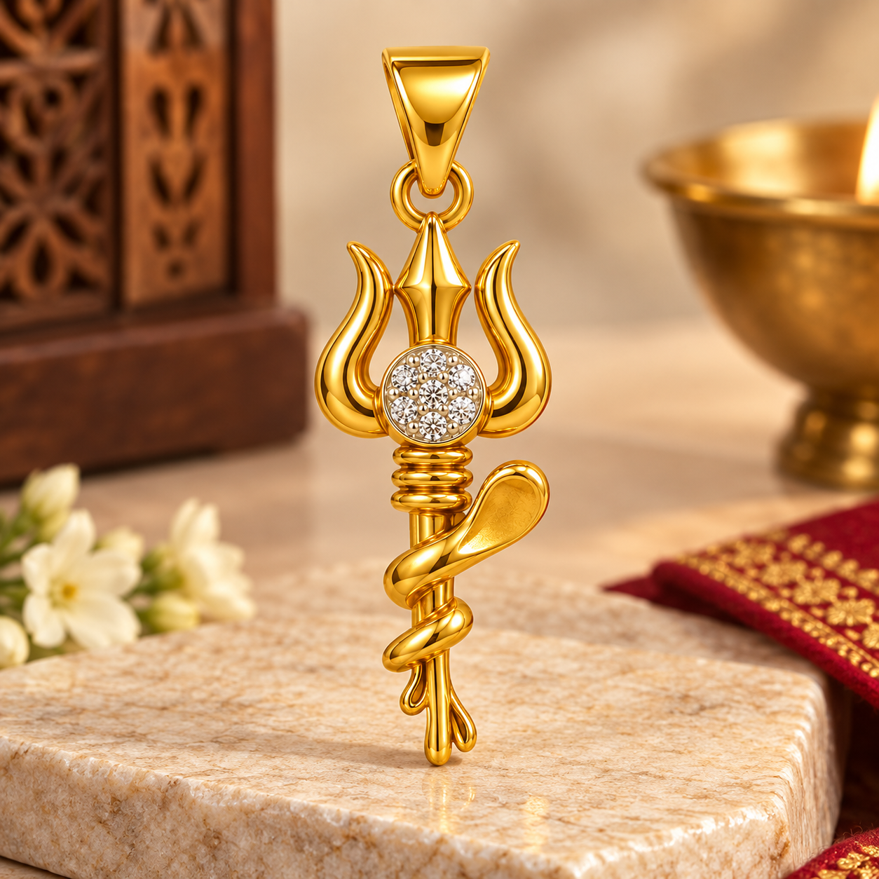 Nakoda Jewellers 18K Gold Trishul Locket with Diamond-Look Center - Image 3