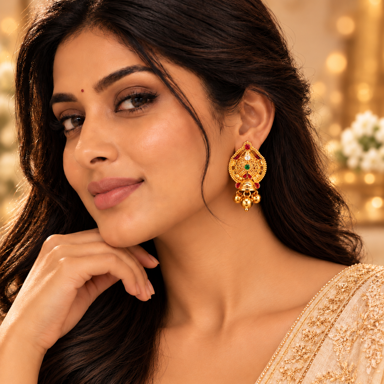 Nakoda Jewellers Traditional Multicolor Stone Gold Ear Tops - Image 3