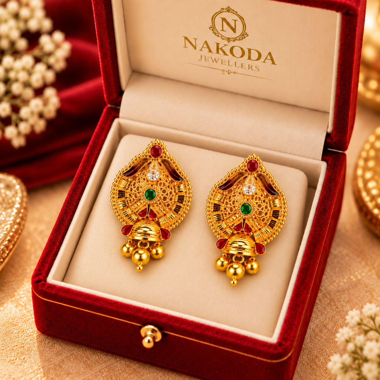 Nakoda Jewellers Traditional Multicolor Stone Gold Ear Tops - Image 5